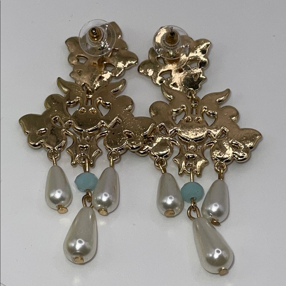Gold and Cream Chandelier Fairy core giant floral pierced Earrings - Picture 8 of 10